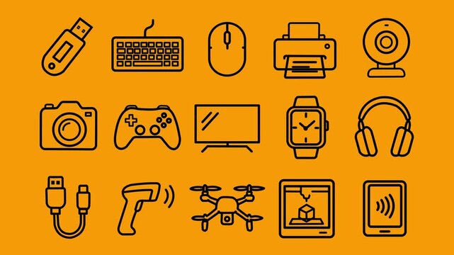 Modern technology line art icons set on orange background