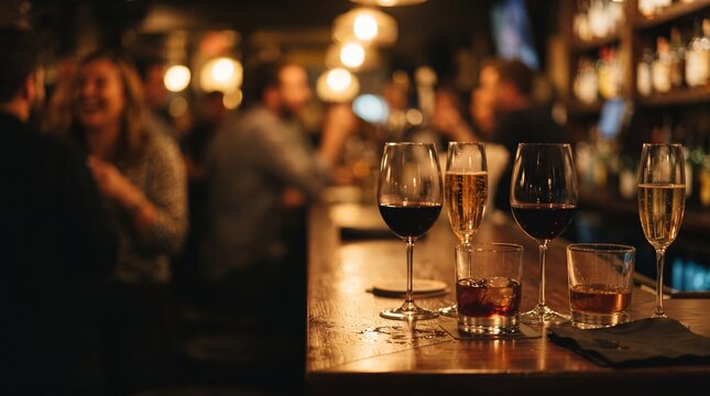 A softly focused background depicts a vibrant bar atmosphere with various drinks displayed on the wooden counter and people enjoying each others company in dim