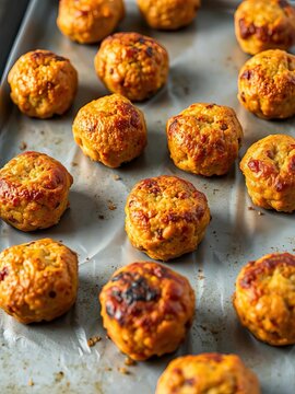 Golden brown vegan meatballs on a baking sheet, close-up, plate
