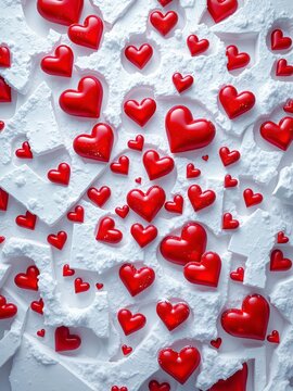 Interconnected crimson hearts form a swirling vortex amidst snowy white shapes, patterns, romantic