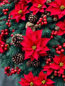 Vibrant red poinsettias mingle with rustic pinecones, juicy berries, and fragrant fir branches in a stunning holiday garland, garland, fir