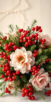 Vintage-inspired Christmas flowers arrangement with red berries and greenery, floral, seasonal