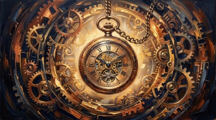 Obraz premium Steampunk pocket watch and intricate gears in warm golden light, detailed mechanical clockwork for time travel concept.