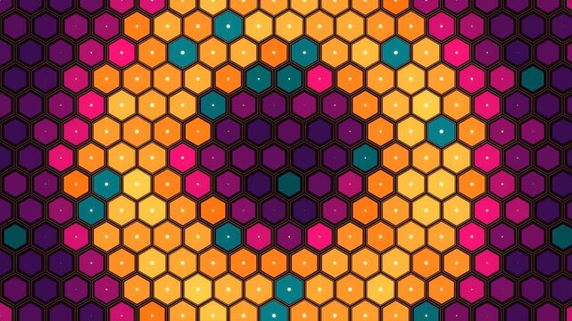 Grid of hexagon tiles pulsing as a wave of purple, magenta, saffron and gold color ripples across the screen