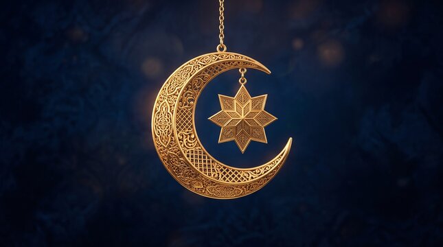 Golden ornate Islamic crescent moon and eight-pointed star ornament hanging against a dark blue textured background with bokeh light effects, symbolizing Ramadan and Eid celebrations.