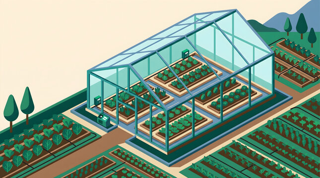 A detailed vector illustration of a modern smart greenhouse with thriving plants and automated systems for sustainable agriculture
