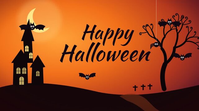 Happy Halloween spooky haunted house with bats and spiders on a crescent moon night