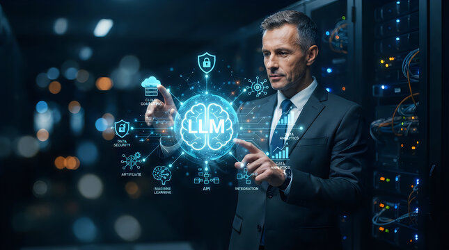 Professional interacting with digital llm brain interface in server room