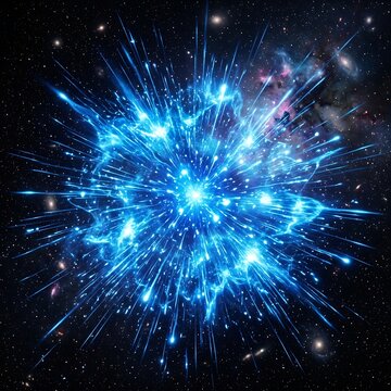 Massive blue supernova explosion in deep space with radiant light beams and glowing nebulous gas clouds against a starry galaxy background