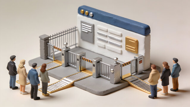 3D clay principle of least privilege scene with users queuing at security gate turnstiles before the server dashboard. Access control and identity verification concept.