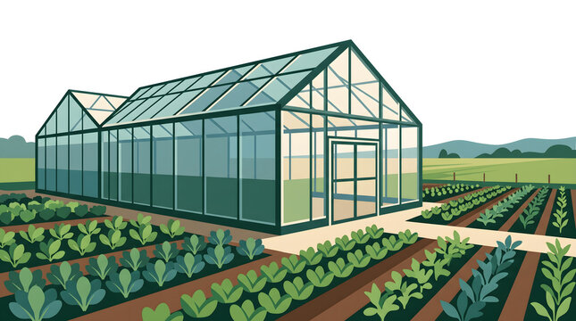 A vibrant vector illustration depicting a modern greenhouse with flourishing crops in a rural agricultural setting showcasing sustainable farming