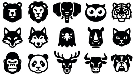 Obraz premium A collection of fifteen stylized black and white animal head icons arranged in a grid pattern