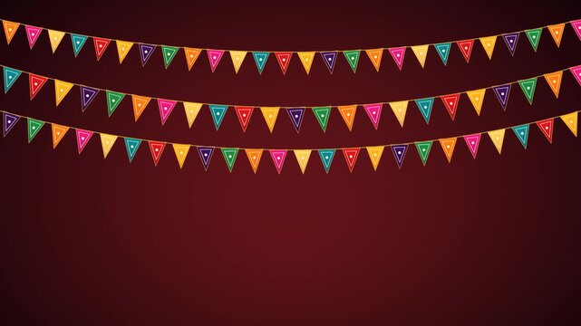 Strings of colorful triangle bunting flags gently swaying across the top of a maroon background with copy space