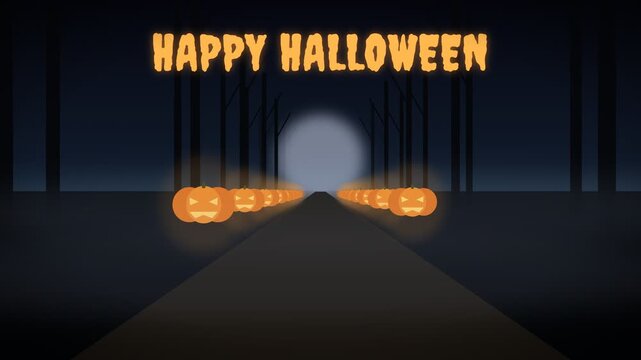Happy Halloween glowing jack o lanterns line a dark path towards a full moon in a spooky forest