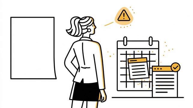 A business specialist studies an AI answer stuck in an old calendar frame. A newer verified source sits close by with a warning sign.
