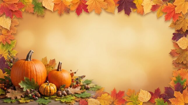 A beautiful autumn still life composition with vibrant pumpkins and a colorful array of fall leaves offering ample space for text or graphic design elements
