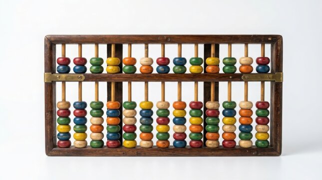 Traditional wooden abacus with colorful counting beads against a plain background math tool mental math calculation arithmetic education learning mathematics calculate childhood