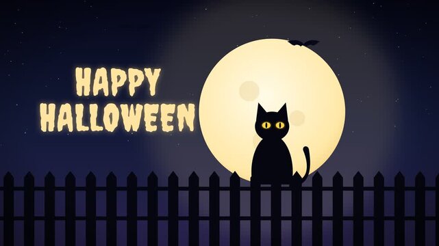 Happy Halloween night with a black cat silhouette sitting on a fence under a full moon and bats flying