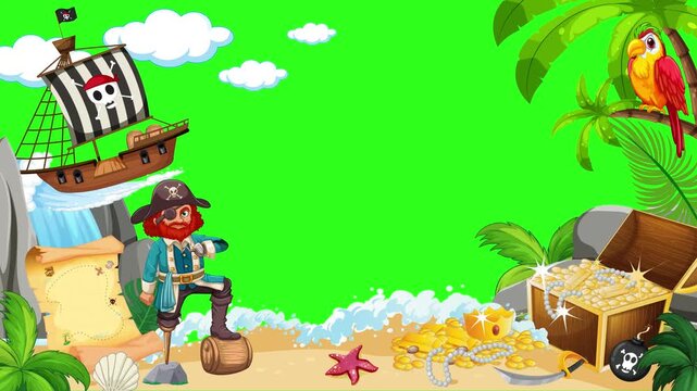 Pirate Island Treasure Frame Animation on Green Screen Background