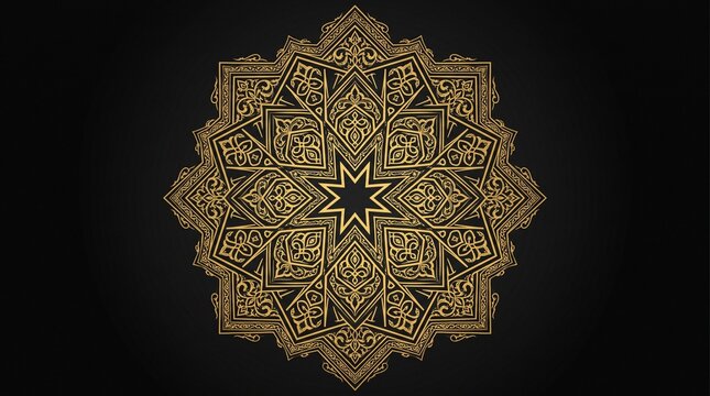 Intricate Gold Islamic Geometric Mandala with Arabesque Patterns and Ten-Pointed Star Motif on Elegant Dark Background for Traditional Cultural Celebrations and Luxury Design