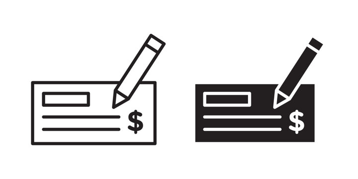 Money check icon flat outline in black
