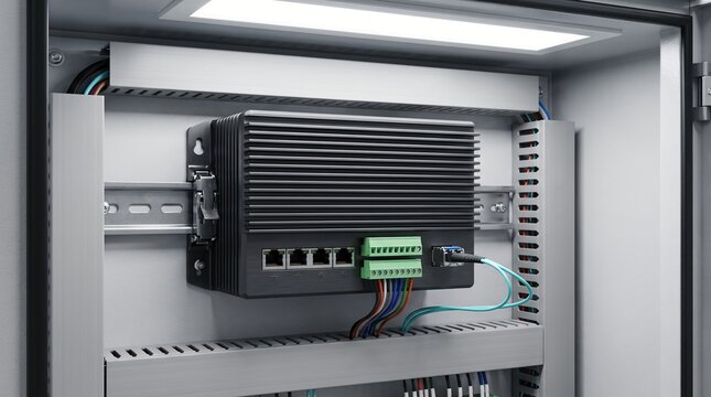 Modular smart grid edge computing iot gateway with rj45 ports and optical sfp transceiver installed on din rail inside low voltage auxiliary compartment of substation switchgear cabinet