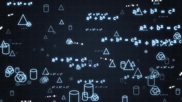 Floating mathematical equations and geometry shapes on dark background with grid pattern mathematics pythagorean theorem algebra equations scientific background floating numbers