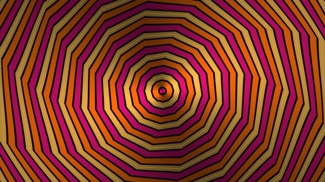 Op art twisted polygon rings in magenta, saffron and gold flowing outward from the center, optical illusion loop