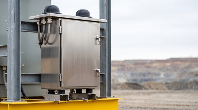 Ruggedized smart grid iot monitoring gateway with elastomeric shock absorbers mounted to structural i beam frame of mobile skid distribution substation at open pit mining quarry terrace
