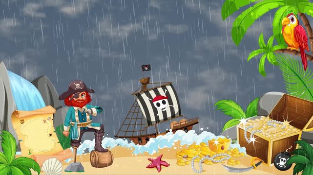 Pirate Island Animation with Rainy Sky and Sailing Ship Loop