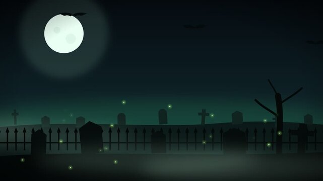 Spooky Halloween Cemetery Scene with Full Moon and Glowing Fireflies