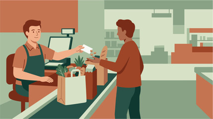 Fototapeta premium Cashier handing receipt to customer at grocery store checkout with