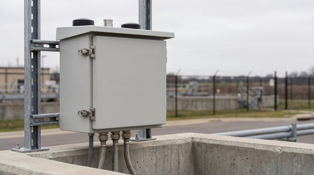 Chemical resistant frp smart grid iot telemetry gateway with overlapping drip shield and puck antennas mounted to unistrut rack at municipal wastewater storm surge pumping lift station wet well