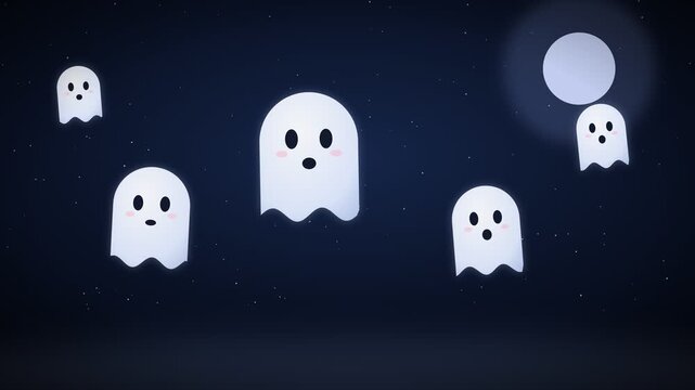 Cute cartoon ghosts floating in the night sky with stars and a full moon, perfect for Halloween