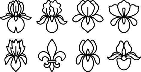 Iris flower line icon set featuring botanical blossoms fleur de lis emblems garden flora outlines and decorative lily symbols isolated on white. © Mdraisul