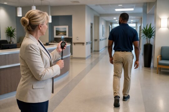 Hospital wayfinding accessibility audit reception team timing a clear outpatient route
