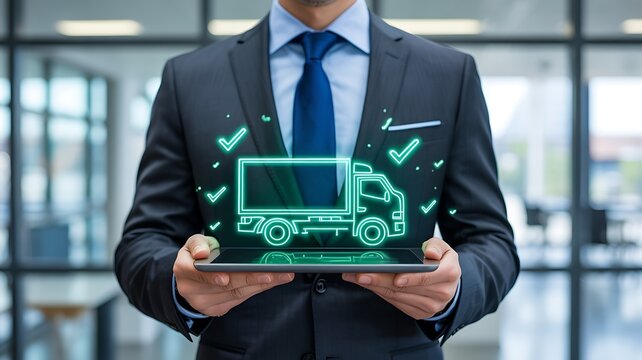 Businessman presenting a digital delivery truck with verification symbols