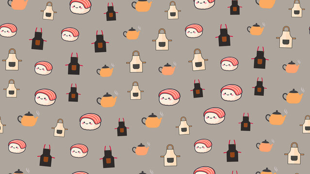 Cute sushi, apron, and teapot pattern