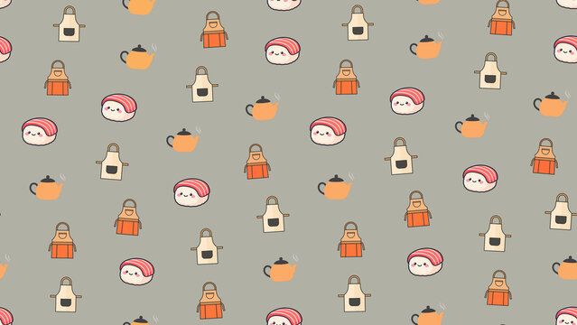 Cute Sushi, Aprons, and Teapots Pattern