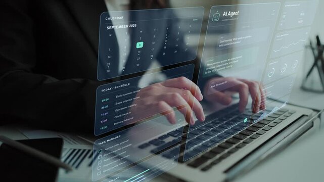 A conversational AI assistant connects business requests with scheduling, sales and order workflows, illustrating automation through dialogue.