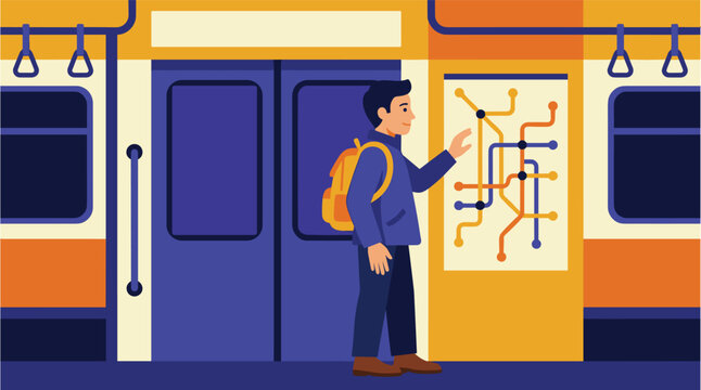 Man with backpack studying subway map inside train car, pixel art