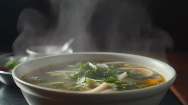 Steam rising from a bowl of pho