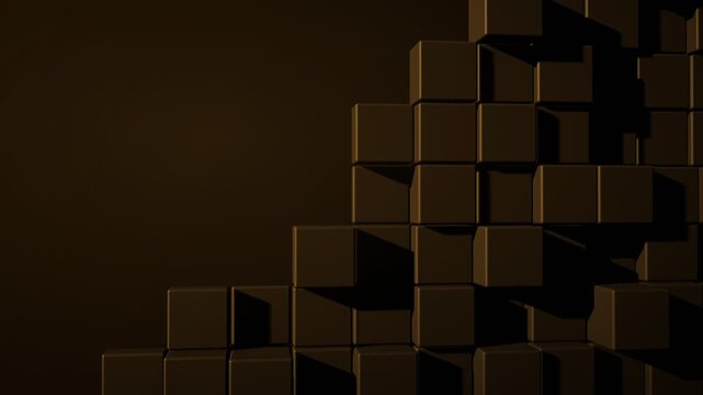 Dark brown cubes stacked in a stepped pattern with dramatic lighting and shadows creating a sense of depth and abstract design