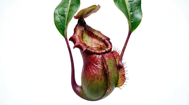 A tropical pitcher plant Nepenthes with colorful red and green traps and leaves isolated on a pure white background, showcasing carnivorous plant biology and nature's unique adaptations.