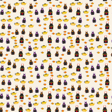 Seamless pattern of aprons and teapots