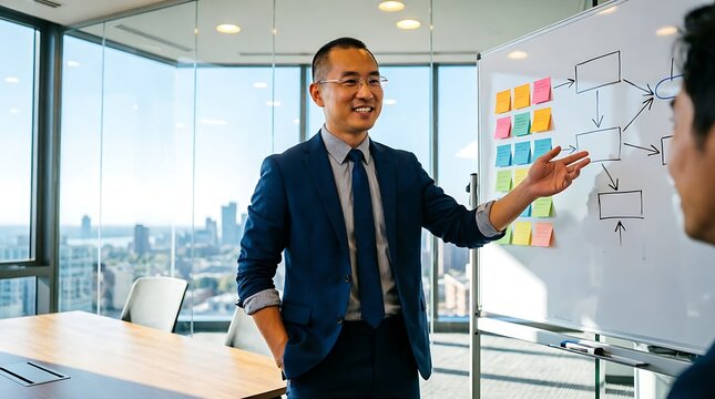 Asian businessman presenting a flowchart on a whiteboard in a modern corporate office meeting room
