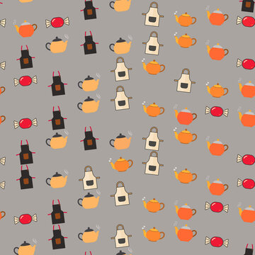 Seamless pattern of teapots, aprons, and candies