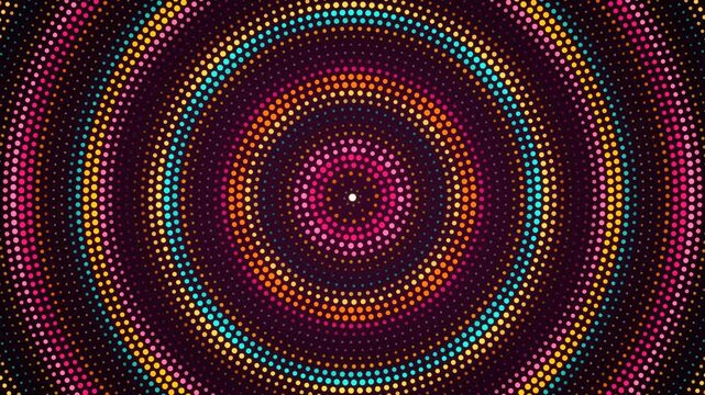 Dot mandala of concentric colorful rings with pulsing dot sizes and alternating rotation, pointillism pattern
