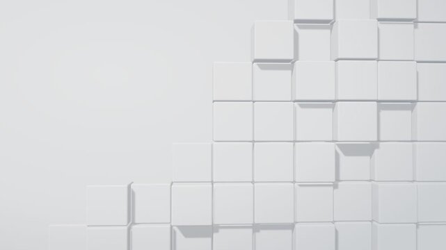 Abstract 3D geometric pattern of white cubes arranged in a staircase formation with soft shadows and light