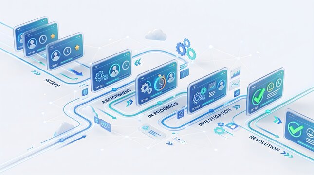 Isometric 3d business process workflow visualization with task cards
